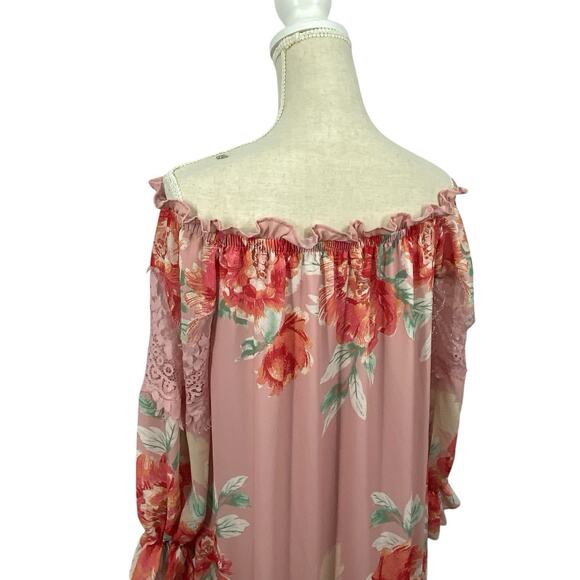 Champagne Strawberry Tiered Maxi Dress size Small Off Shoulder Long Sleeve Flora - Picture 12 of 16